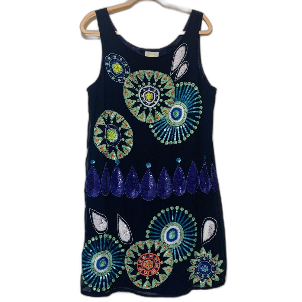 Maeve Navy Sleeveless Mini Dress with Teal, Green & Purple Embellishments
